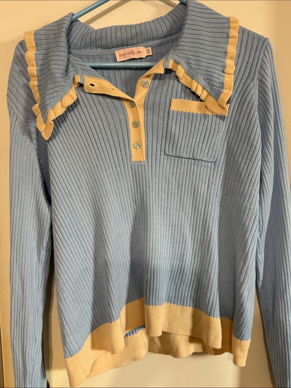 Ivy City Co Sky Blue Ribbed Polo with Yellow Trim